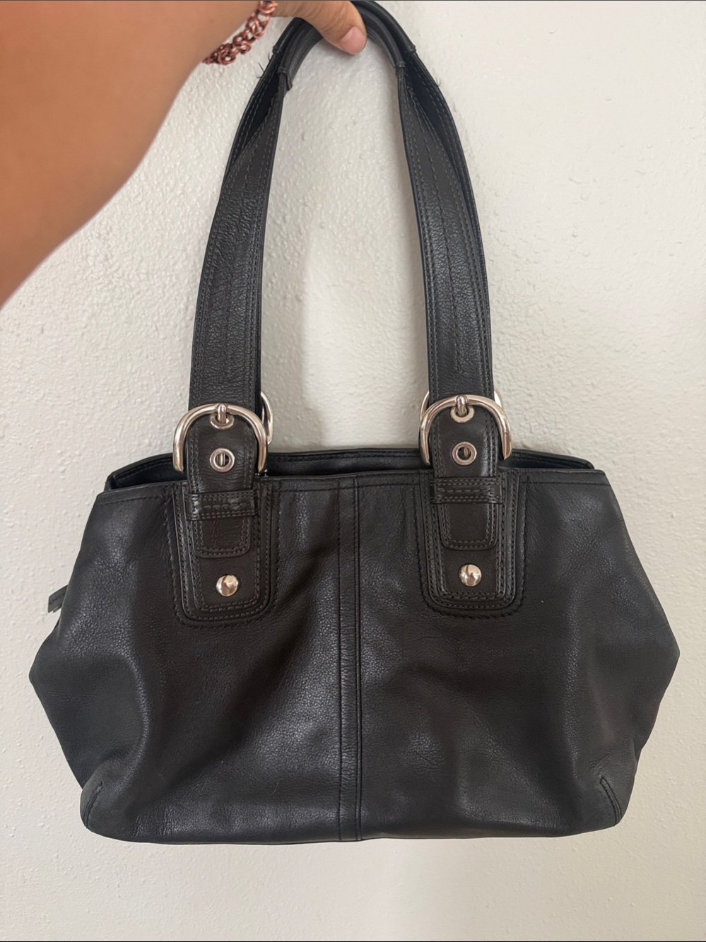 Classic Black Leather Hobo Tote with Silver Accents